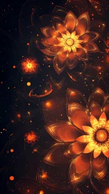 Glowing orange fractal flowers on deep black background.