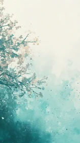 Vertical watercolor foliage study with teal atmospheric gradient
