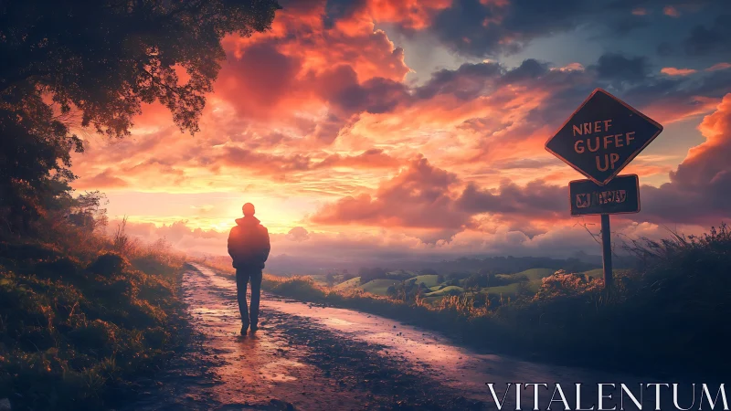 Solitary figure on rural path under hyper-saturated sunset sky