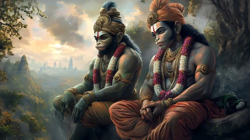 Two seated monkey warriors rest on a rocky forest ledge