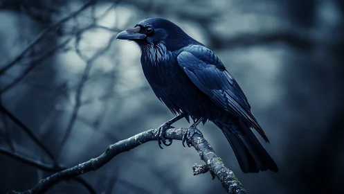Solitary Raven: Moody Perch in Atmospheric Blue.