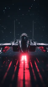 Futuristic jet fighter on runway with red engine glow.