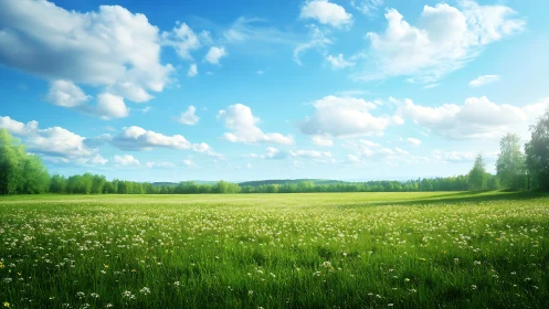 Vast spring meadow under volumetric clouds in soft daylight