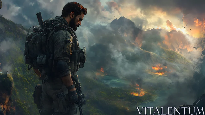 Battle-hardened scout surveys burning valley of stormlit fire.