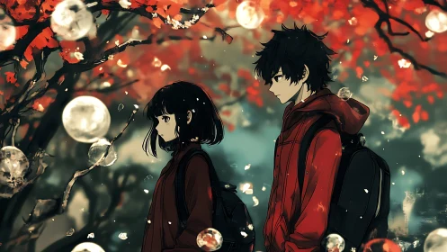 Autumn lanterns glow around quiet schoolyard daydreamers.