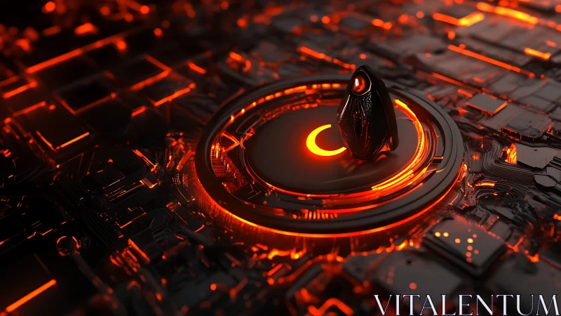 Futuristic circuit core with illuminated central device in red.