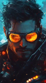 Neon-eyed cyber adventurer gazing into a blazing future.