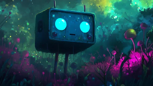 Lonely robot cube drifts above glowing neon forest floor