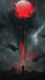 Apocalyptic red moon over monolithic rift with cloaked observer