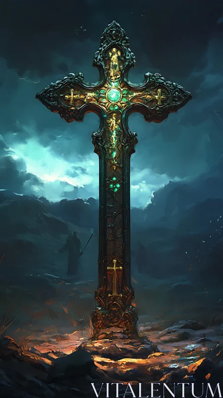 Ornate emerald crucifix rises luminously in storm-lit ravine