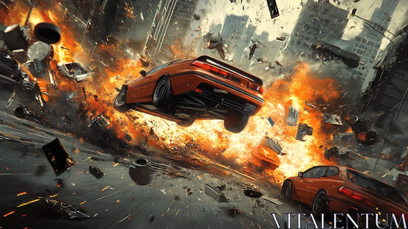 Exploding city street chase with airborne orange sports cars.