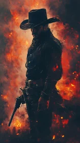 Lone gunslinger emerges from burning embers in defiant silence