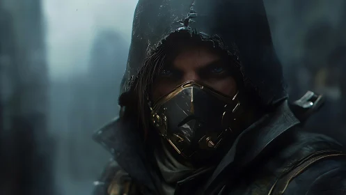 Cyberpunk hooded operative portrait with metallic respirator mask.