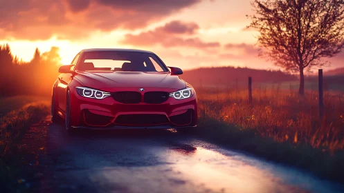 Red sports car on rural road at vivid sunset sky glow.