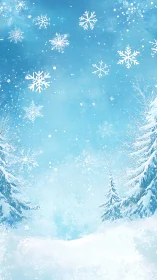 Snow-covered conifer trees stand beneath stylized falling snowflakes