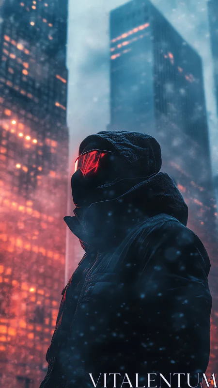 Hooded cyberpunk figure stands amid neon-lit snowfall.
