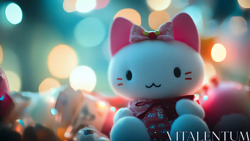 Cute pink cat plush toy with bokeh holiday lights behind.