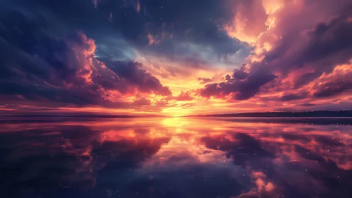 Skyfire horizon kissing mirrorwater at spellbound sunset.