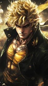 Intense blond anime fighter in black coat and yellow shirt.