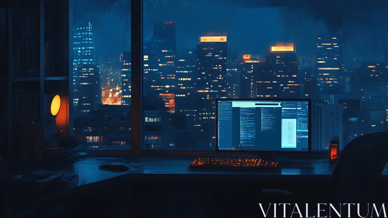 Nocturnal coding workstation overlooks neon-lit cityscape
