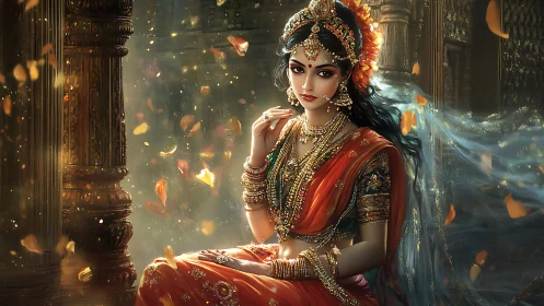 Golden petals drift around a jeweled palace dream