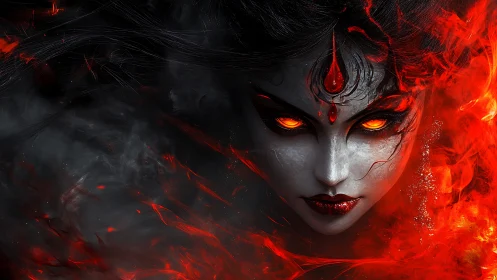 Fiery demonic female face emerging from dark smoke.