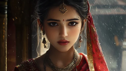 Rainlit bridal portrait glows with intense, soulful gaze.