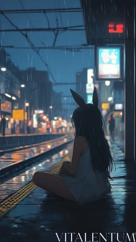 Girl with bunny ears sits alone on wet night station platform.