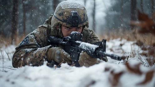 Soldier aims rifle prone in dense winter snowfall. Precision focus.