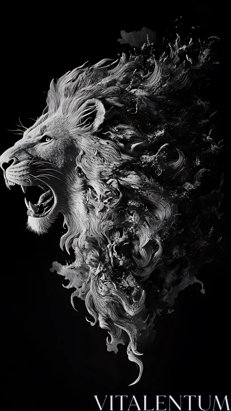 Roaring lion spirit with swirling cosmic monochrome mane.