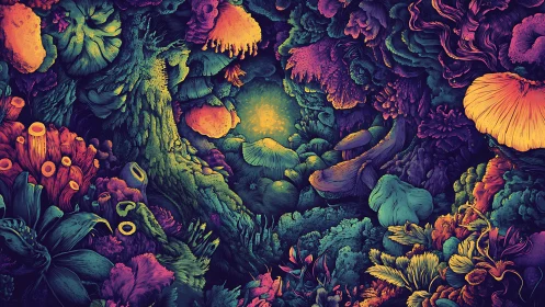 Bioluminescent forest scene shows dense alien foliage