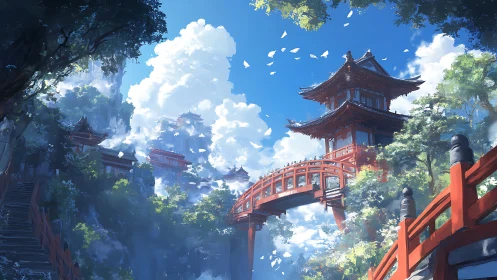 Mountain temple complex with red bridge under clear sky.