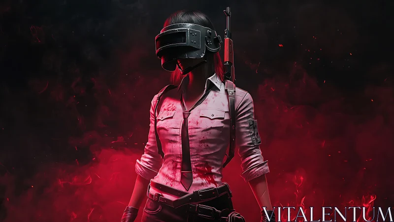 Helmeted combatant stands in red smoke with rifle ready