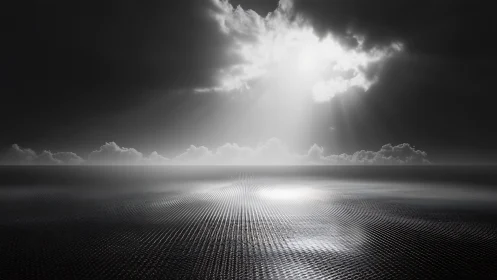 Luminous cloudburst opens above reflective digital seascape