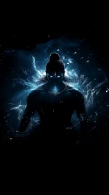 Backlit ethereal warrior silhouette rendered in blue volumetric energy