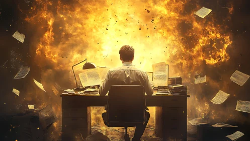 Man at desk faces explosive digital chaos and fire.
