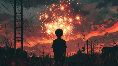 Silhouetted child observing aerial fireworks over dusk horizon.