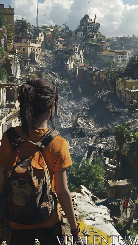 Young wanderer overlooking a crumbled city&rsquo;s quiet rebirth.