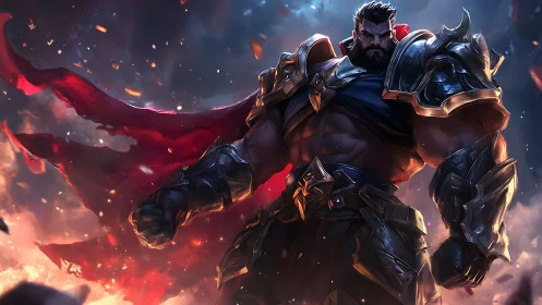 Armored warrior in windswept cape amid fiery embers.