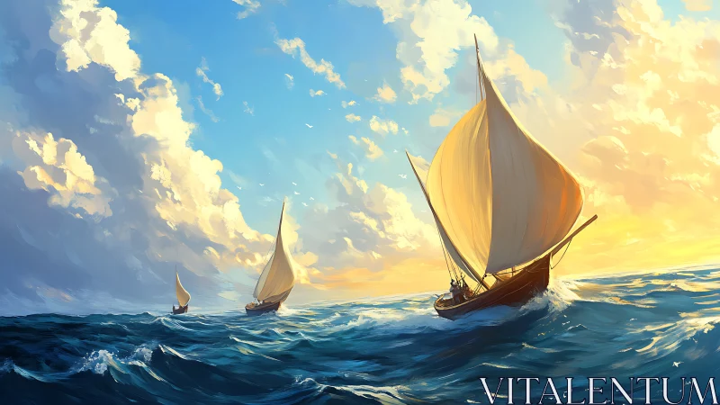 Sailing vessels on open sea under layered cloud formations.