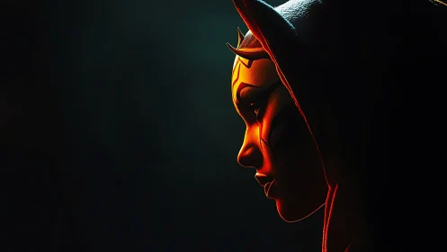 Cinematic hooded alien profile in dramatic rim lighting portrait