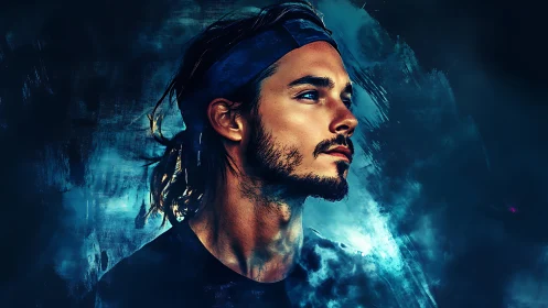 Digital portrait of side-lit man in teal and cobalt vapor glow.