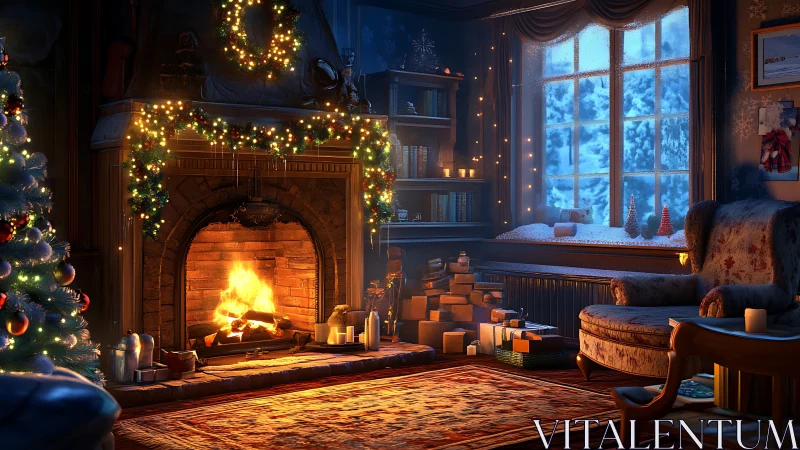 Cozy living room shows lit fireplace and winter window scene