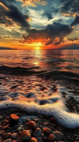 Sunset surf paints ember trails across pebble shore.