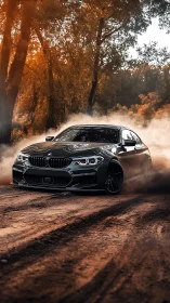 Midnight sedan carves flaming dust through a forest road