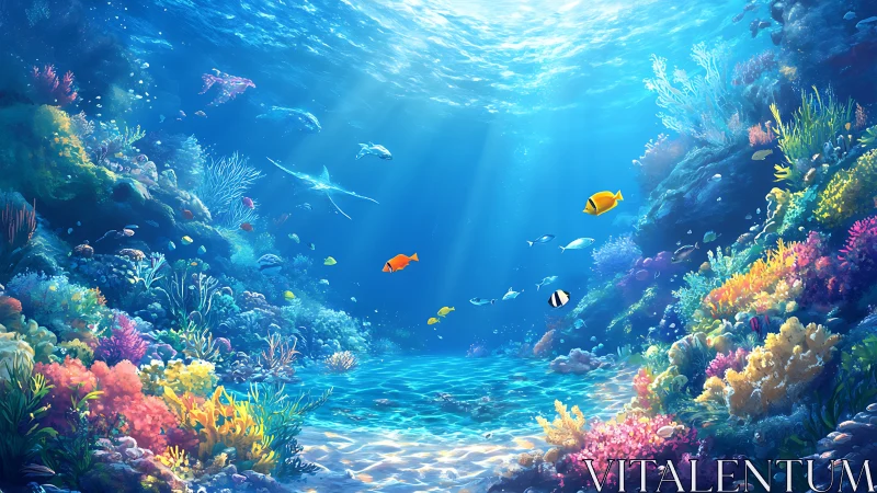 Vibrant coral reef scene with tropical fish and sunlight.