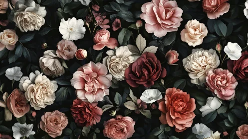 Dark Floral Composition with Pink, White, and Red Roses