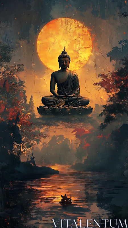 Buddha silhouette over river under burning full moon.