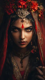 Ember-eyed goddess pierces the dark with red and gold fire