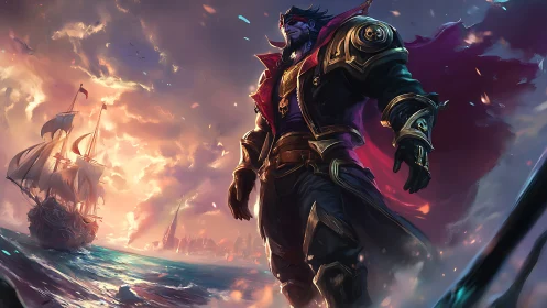 Armored sea captain stands over ocean with burning fleet.